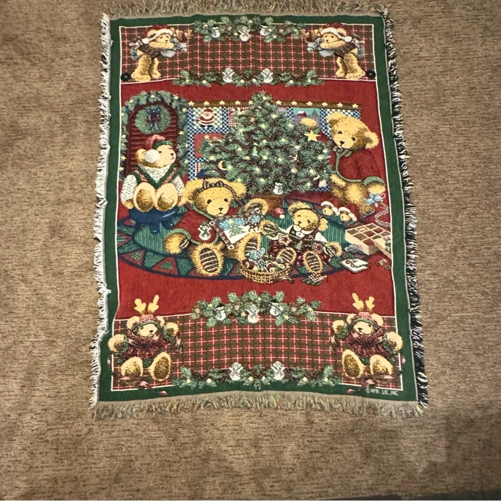 Christmas Vintage‎ Throw Tapestry Teddy Bears with Granny Blanket Holiday